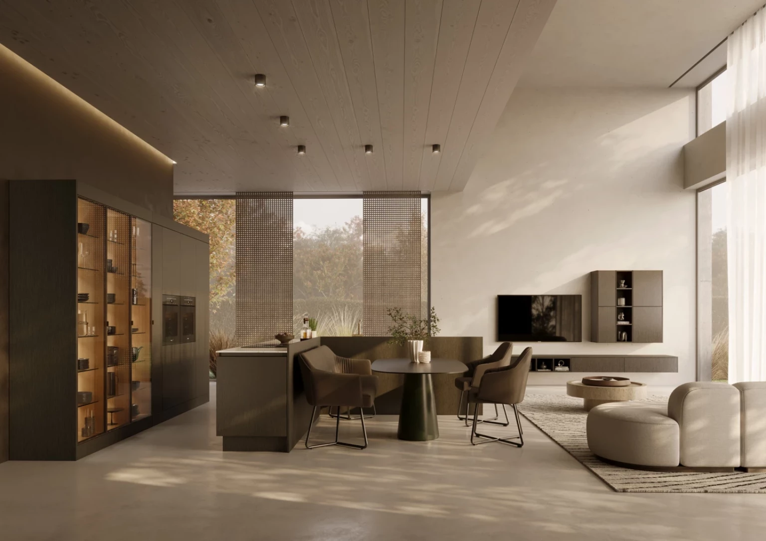 CGI-Rendering für KH System Möbel: Eine Küche wird als offener Wohnraum mit warmen Materialien, Licht und präziser Planung inszeniert.