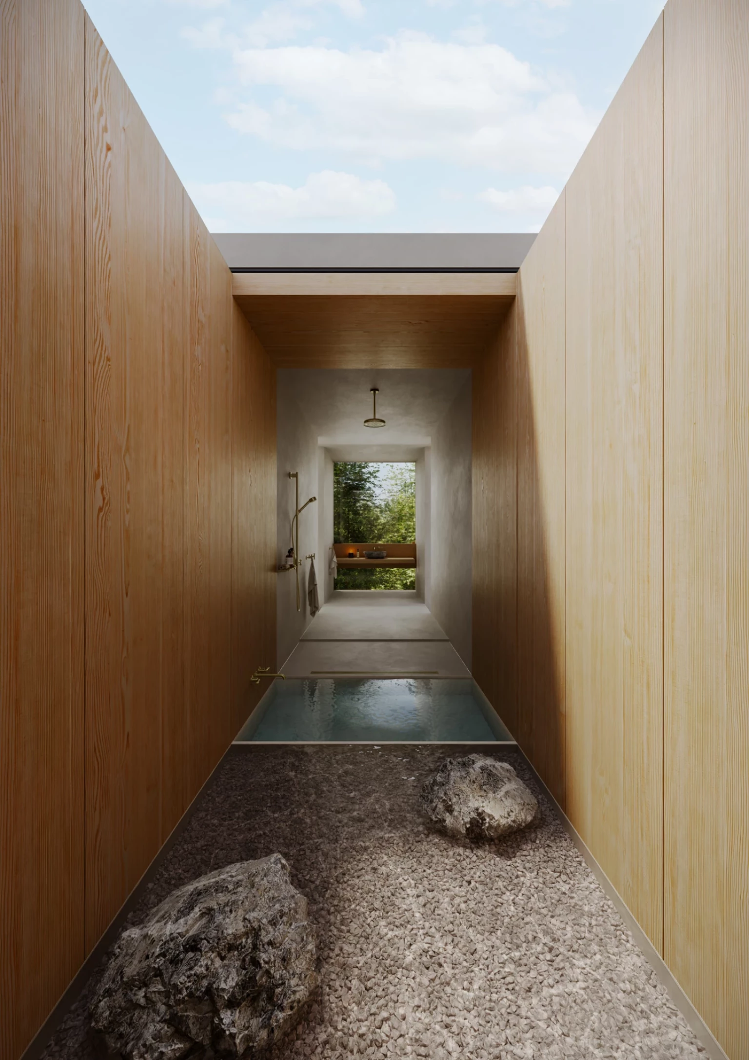 Long-shot CGI interior visualization for AXOR Archivio, framing a narrow bathroom concept with wood, stone, water and daylight.