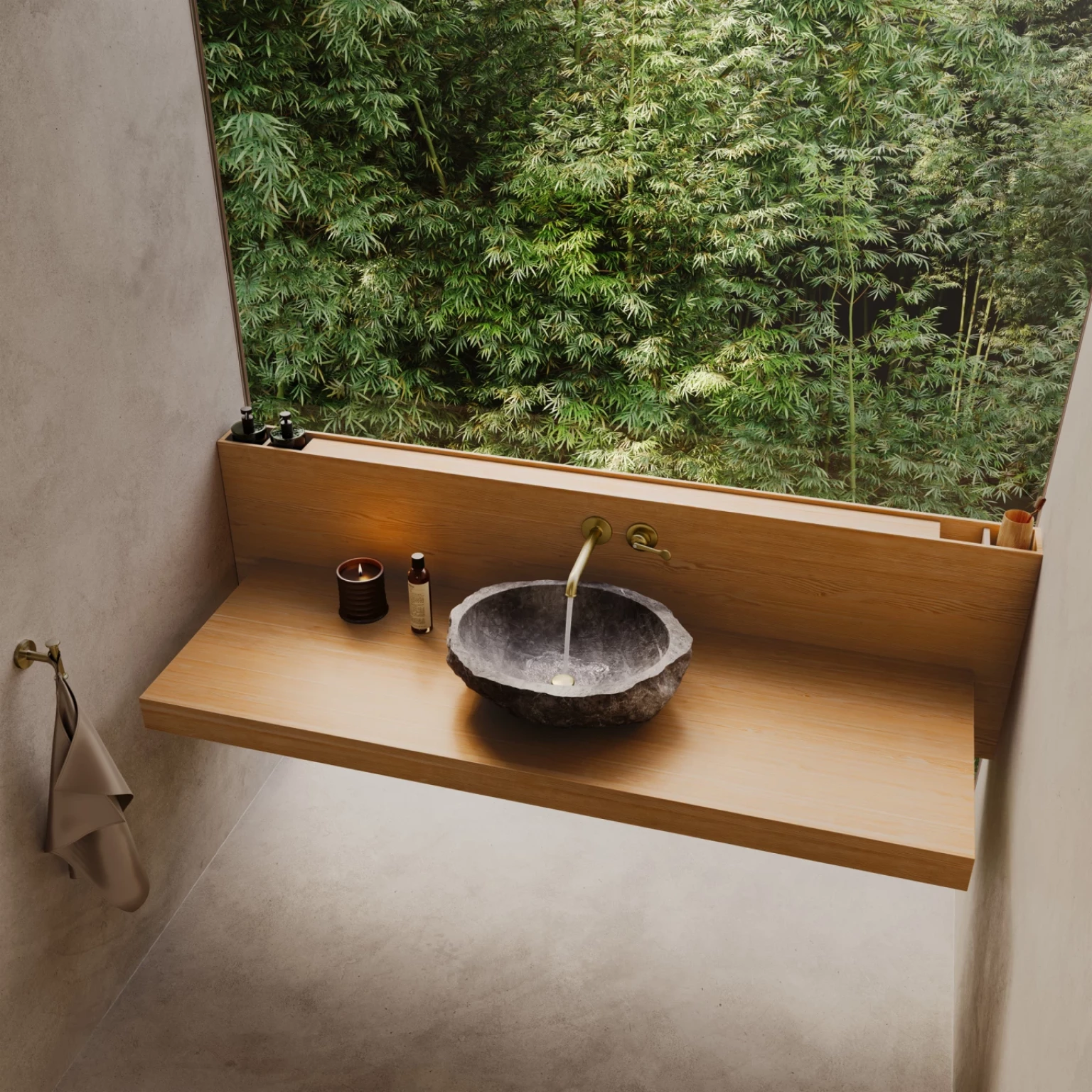Elevated CGI washspace view for AXOR Archivio with stone basin, brass faucet, wooden counter and lush greenery outside the window.