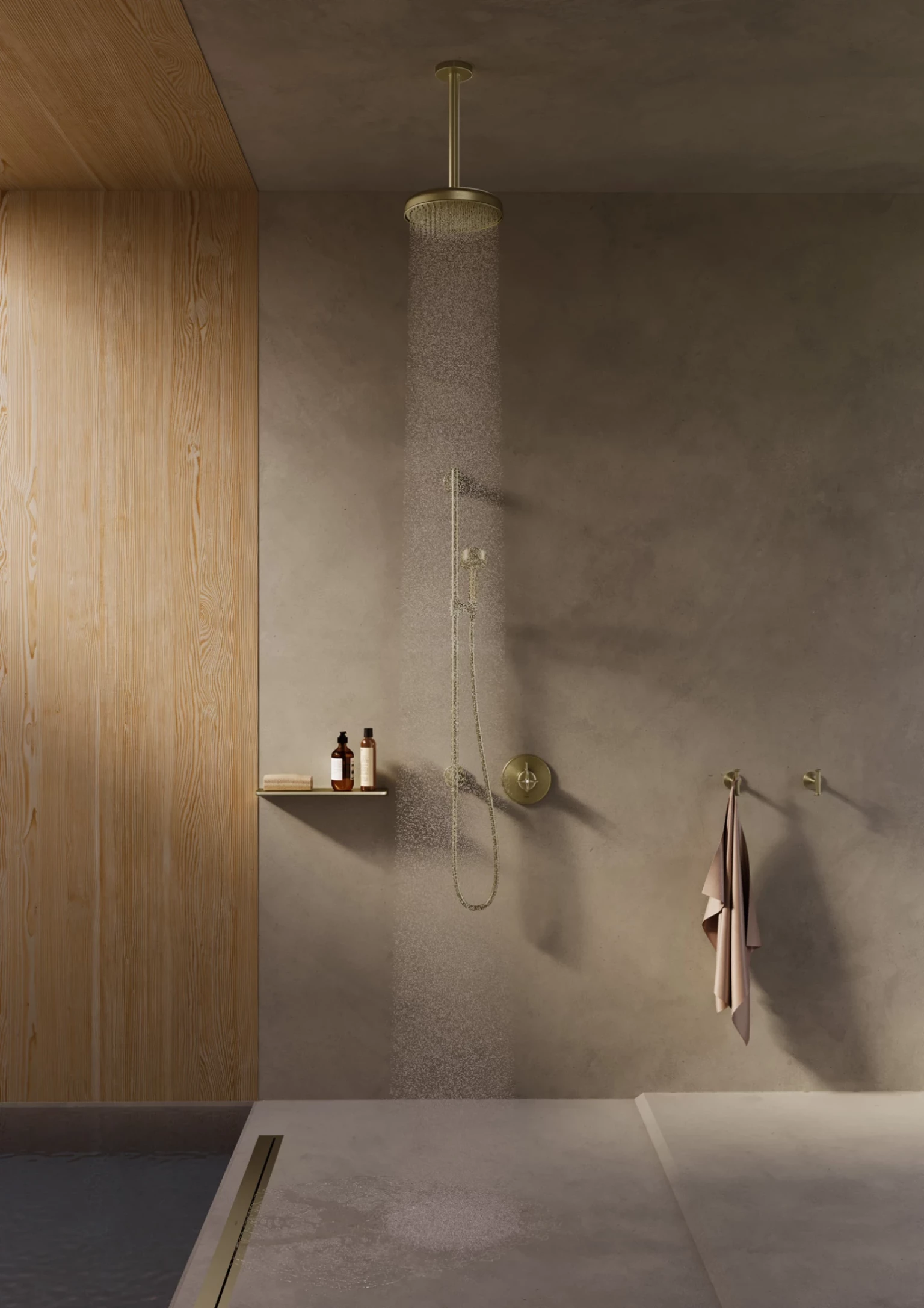 CGI shower scene for AXOR Archivio with overhead rain, brushed brass fixtures, wood paneling and a calm material-focused atmosphere.