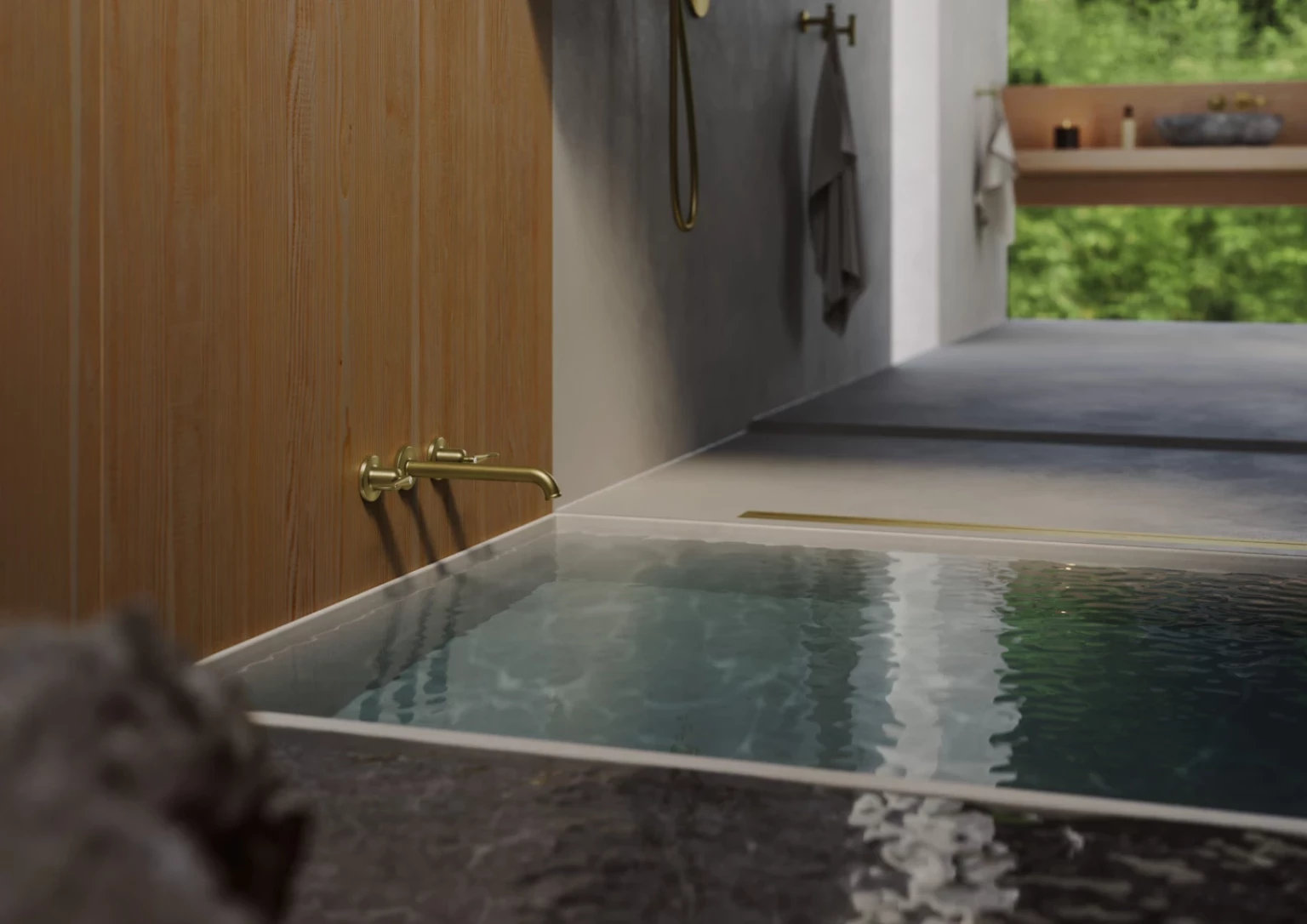 CGI bathroom rendering for AXOR Archivio, showing a brass bath spout, calm water reflections, wood, stone and atmospheric light.