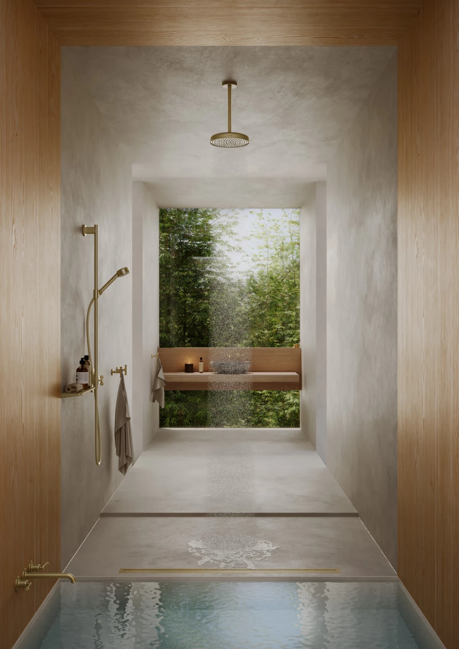 Long-shot CGI interior visualization for AXOR Archivio, framing a narrow bathroom concept with wood, stone, water and daylight.